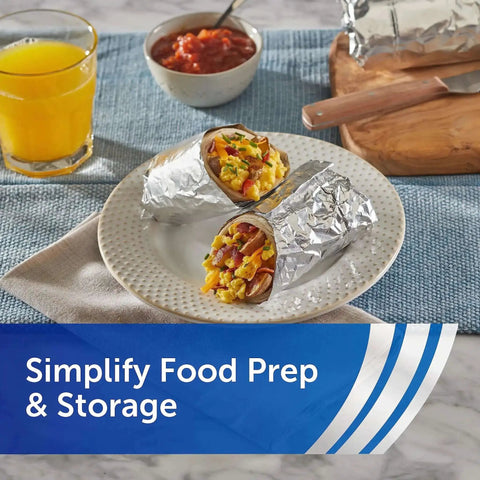 Breakfast burritos wrapped in No Fuss Pre Cut Pop Up Aluminum Foil Sheets 14 By 10.25 Inches Each Pack Of 5 50 Sheets Per Box 250 Total Easy Prep