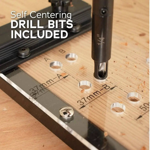Dual Sided Shelf Pin Jig With One Quarter Inch And Five Millimeter Self Centering Drill Bits features close-up with template
