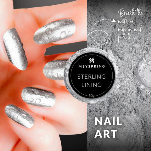 True Metallic Pigment For Epoxy Resin And UV Casting Makeup Silver Aluminum Powder For Resin Art And Jewelry Making Delivers A Jaw Dropping Liquid Metal Finish In Resin Projects For Artists And Crafters Who Want A True Metallic Look That Shines In Light shown on nails with tin jar labeled Sterling Lining.