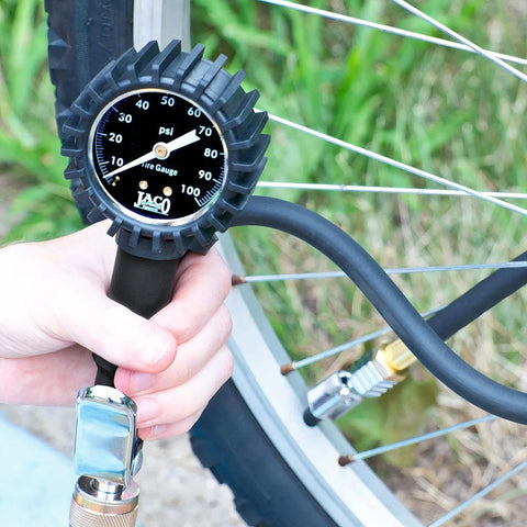 JACO FlowPro tire inflator with pressure gauge, handheld for bicycle tires, 100 psi gauge