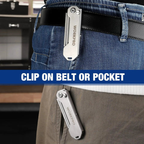 Two Pack EDC Folding Utility Knife with Quick Open Axis Lock clipped to belt and pocket, stainless steel, lightweight design.