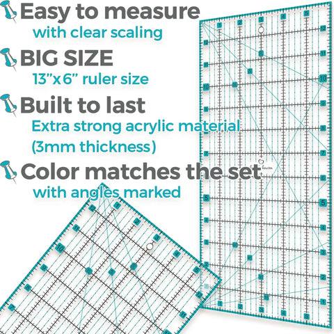Acrylic ruler from Turquoise Rotary Cutter Set For Quilting And Crafting, 13x6 inches, with clear scaling and angle markings.