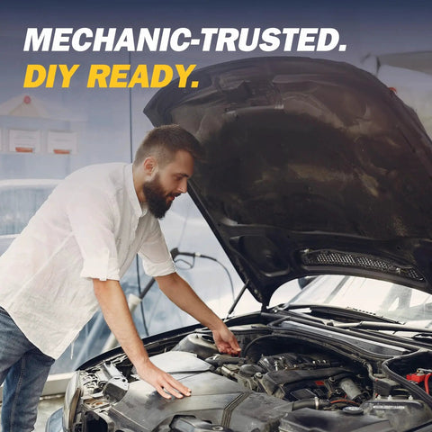 Mechanic working on car engine, emphasizing NS3 Synthetic CVT Transmission Fluid for Nissan And Mitsubishi CVTs 4L Bottle benefits.