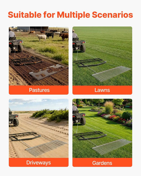 Image of Tow Behind 6 Ft Drag Harrow in use on pastures, lawns, driveways, and gardens with ATVs.