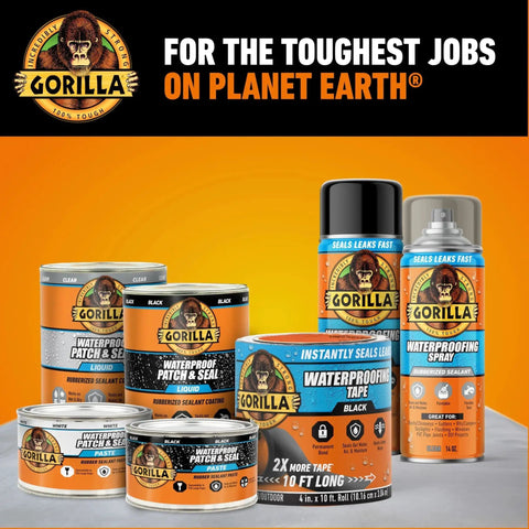 Gorilla brand Waterproof Patch And Seal Tape Black 4x10 Inch for permanent leaks and repairs shown with other sealing products