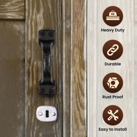 Heavy Duty Black Cast Iron Barn Door Handles 2 Pack For Shed And Garage Doors Includes Hardware And Pre Drilled Holes 6 1 4 Inches Tall Mounted
