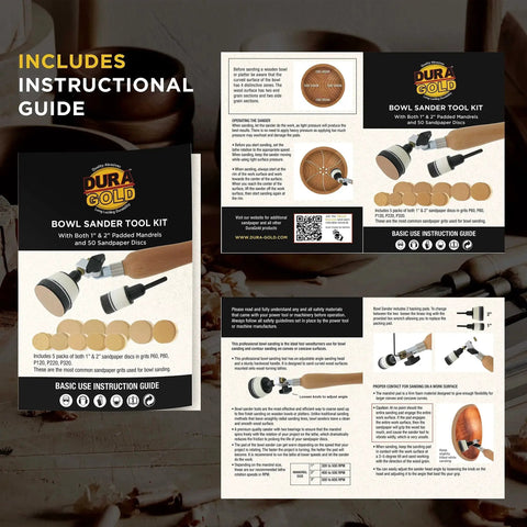 Instructional guide for Woodturning Bowl Sander Kit With One And Two Inch Hook And Loop Backing Pads, Fifty Sanding Discs