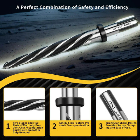 9/16 Inch Reamer Drill Bit Workhorse For Metal Steel Wood And Plastic With 1/2 Inch Non Slip Shank M2 HSS Tapered 5 Flute Bridge Construction Reamer