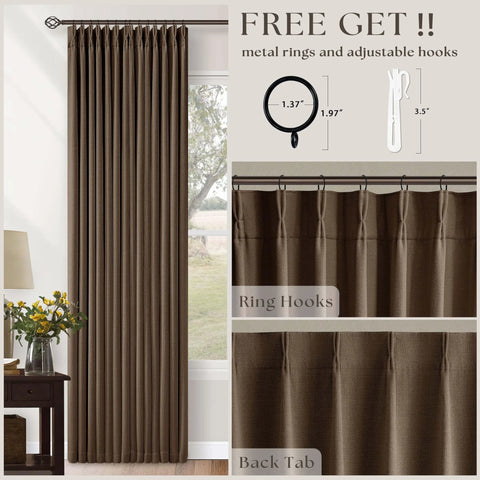 Dual Layer Blackout Curtains 102 Inch Length Two Panels Pinch Pleated For Sliding Glass Doors Flax Linen Texture Light Brown