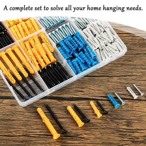 270 Piece Wall Anchors Kit For Drywall And Concrete Includes Five Essential Sizes With 27 Sets Each, organized in a box.