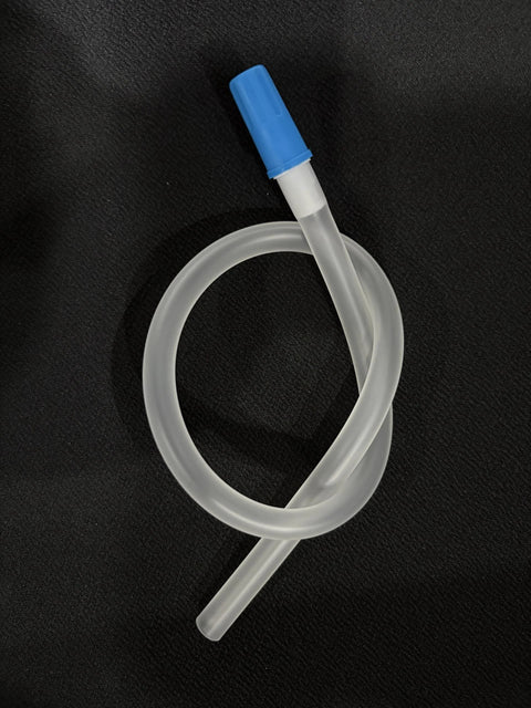 Translucent medical-grade silicone leg bag extension tubing with blue connector.