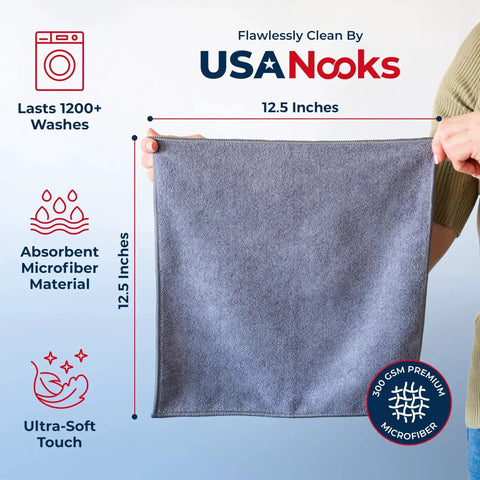 Ultra Absorbent Microfiber Cleaning Cloths for Car Shine Streakfree 12 Pack, showing a gray cloth with measurement details