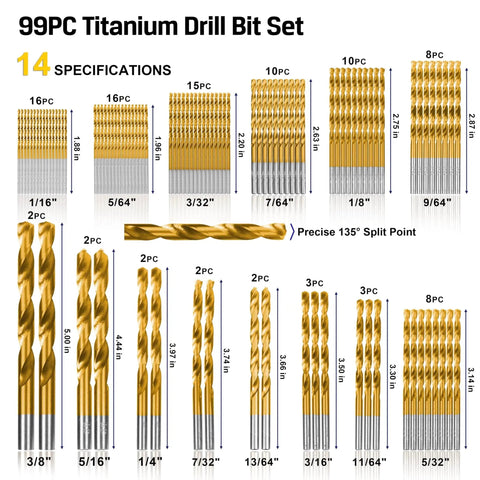 Titanium Twist Drill Bit Set With 99 Pieces, 135 Degree Point High Speed Steel, visible drill bit sizes labeled, storage box not shown