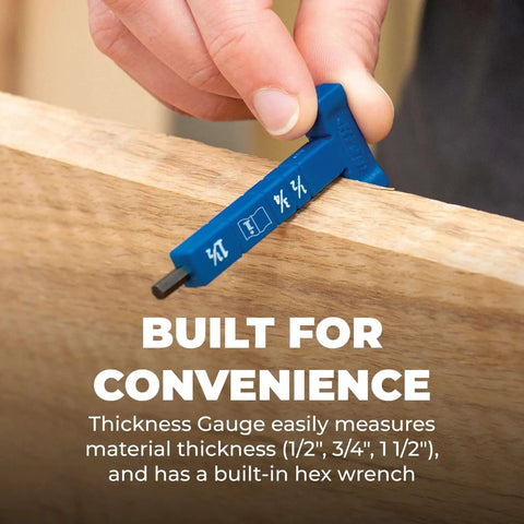 Easy Set Pocket Hole Drill Bit With Stop Collar And Thickness Gauge Built In Hex Wrench For Quick And Spot On Pocket Hole Setups In Woodworking Projects And Furniture Making By Kreg displayed with a wood panel and a hand using the thickness gauge.