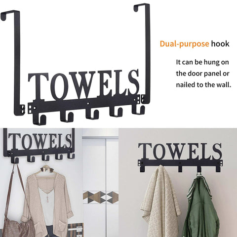 Over-the-door towel rack, black metal with multiple hooks for bathroom or bedroom use.