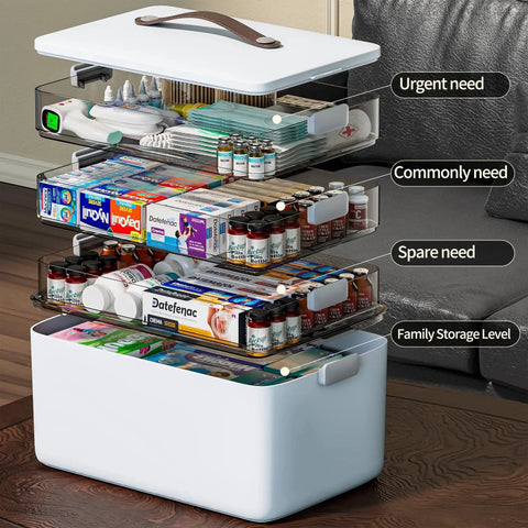 4 Tier XL Medicine Organizer with leather handle, showing open view of stacked compartments for home travel RV school and dorm use
