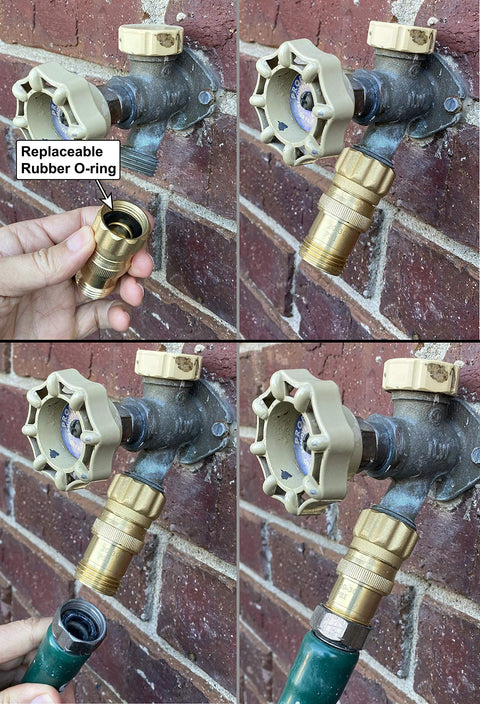Lead-free brass water pressure regulator with 3/4 in hose thread and replaceable O-ring; four-view installation shots.