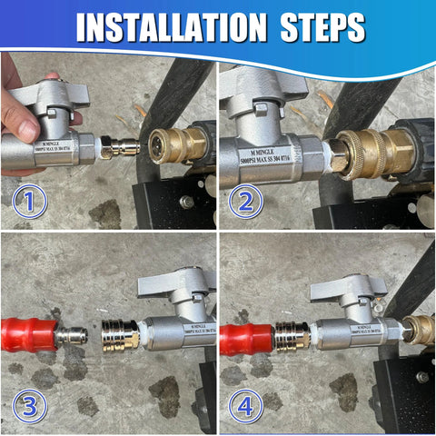 M MINGLE ball valve pressure washer, 3/8 inch quick-connect brass fittings, 5000 PSI, installed on hose.
