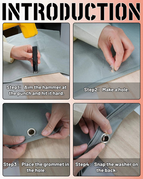 Instruction steps using 150 Piece Grommet Tool Kit With One Half Inch Silver Eyelets Leather Hole Punch Pliers for installation