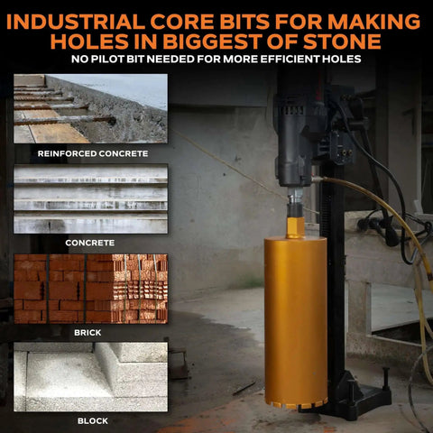 Heavy Duty Wet Core Drill Bit For Concrete And Masonry, Five And A Half Inch Diameter, Sixteen Inch Drilling Depth, Ten Millimeter Segment Height, Arbor From One And A Quarter To Seven Inches, For Marble Granite Brick And Hard Masonry, Wet Only in use on concrete wall