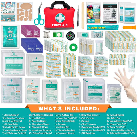 Bright Reflective 309 Piece First Aid Kit With Bandages Moleskin Pad And Emergency Blanket in High Visibility Bag contents displayed