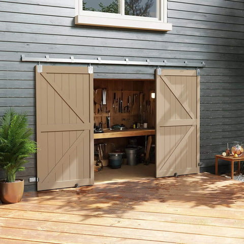 16 Foot Box Rail Exterior Barn Door Hardware Kit for Two Doors System installed with open wooden sliding doors