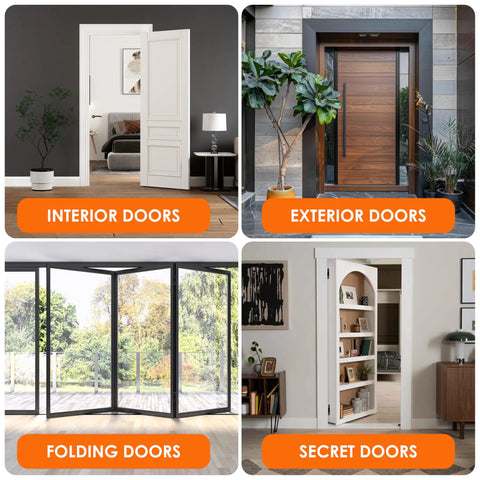 Collage of interior, exterior, folding, and secret doors with label text 'Interior Doors', 'Exterior Doors', 'Folding Doors', 'Secret Doors'.