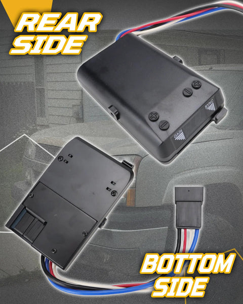 Time-delay brake controller kit, black rectangular module with red, blue and white wiring harness; front and bottom views