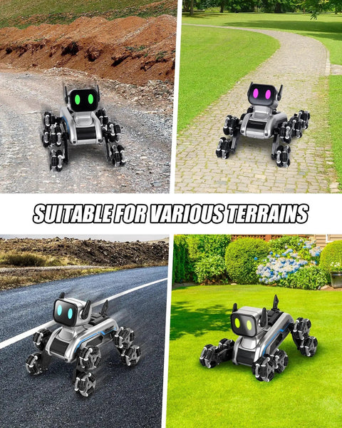 Interactive Robot Dog RC Stunt Car with Gesture Sensing on various terrains showing mecanum wheels and LED eyes.