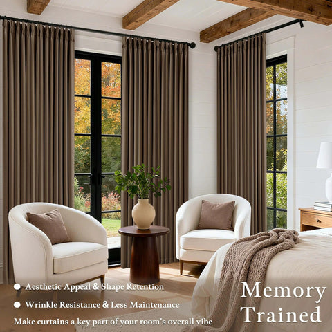 Dual Layer Blackout Curtains 102 Inch Length Two Panels Pinch Pleated For Sliding Glass Doors Flax Linen Texture in a room setup