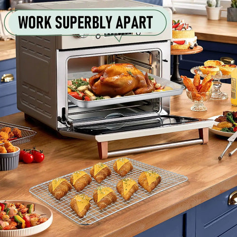 Stainless Steel Baking Sheet With Wire Rack Set 16 Inch By 12 Inch Pan And Cooling Rack displayed in a kitchen with baked goods
