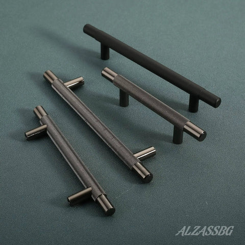 10 Pack Black Nickel Cabinet Pulls With 3 Inch Hole Centers T Bar Knurled Handles For Cabinets AL3015AS displayed on surface