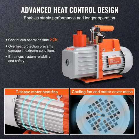 VEVOR 7 CFM dual-stage HVAC vacuum pump with 1/2 HP rotary vane, orange oil bottle, and orange-silver housing.