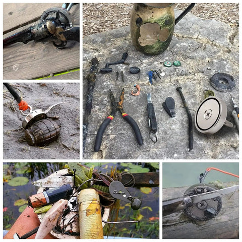 Collage of items found using Neodymium Fishing Magnets Kit With 500 Lb Pull For River Magnet Fishing