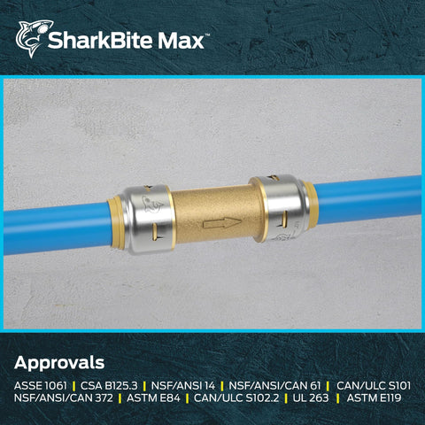 SharkBite Max 3/4 inch brass check valve, push-to-connect fitting on blue PEX pipe