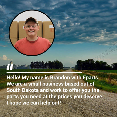 Rural landscape with open road and sky, featuring a smiling person in a circular frame with text introduction about the business.
