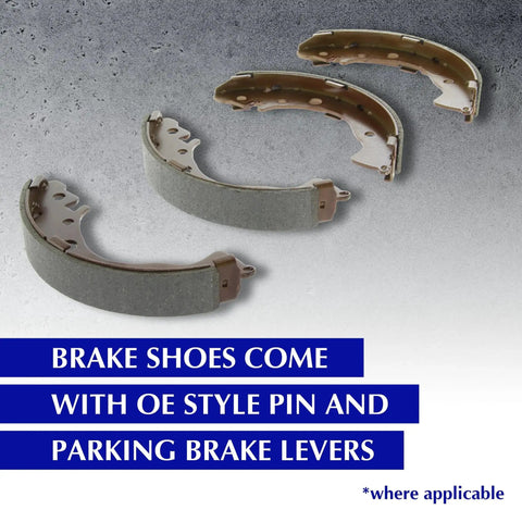 Top-down view of a four-piece rear drum brake shoe set with brown metal bodies and dark friction lining.