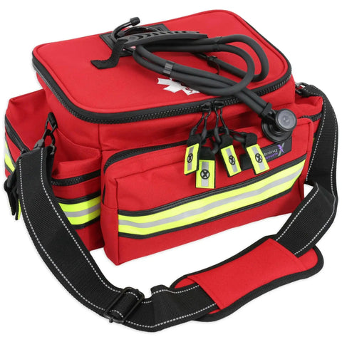 Close-up of a Mid Sized First Responder EMT Bag Fully Stocked With Over 240 First Aid EMS And Trauma Supplies, Red Lightning X LXMB25.