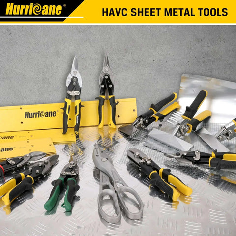 Assorted HAVC sheet metal tools including 10 Inch Aviation Tin Snips With High Leverage Dual Pivot Cr-Mo Cutters displayed on metal surface