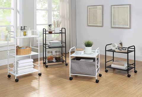 Three Tier Rolling Utility Cart With Metal Shelves On Wheels White Finish For Kitchen Office And Home Organization displayed in room
