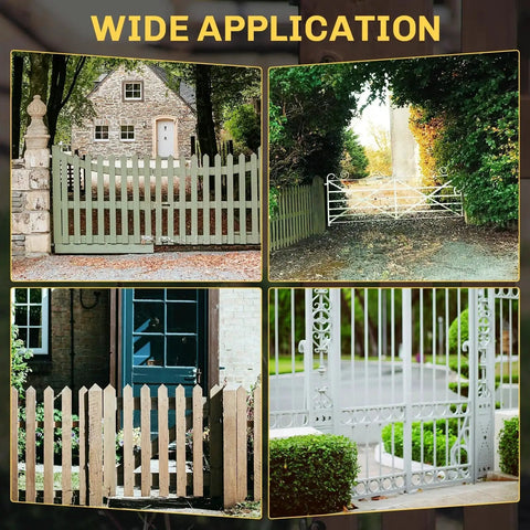 Collage of various garden gates and yard fences illustrating wide applications for 2 Inch Spring Loaded Gate Caster Wheels.