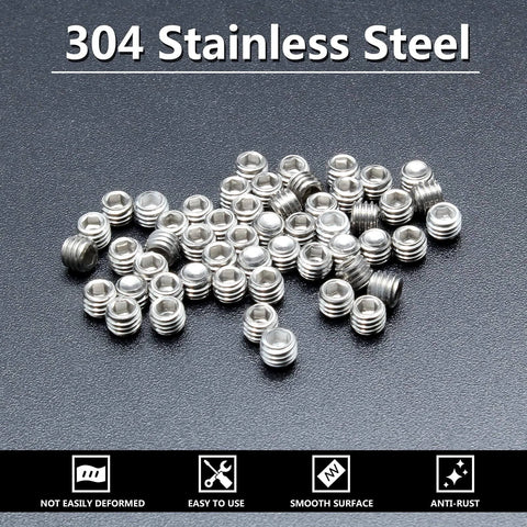 50Pcs M5 X 4mm Cup Point Socket Set Screws Hex Allen Head Stainless Steel Grub Screws 304 Heavy Duty Corrosion Resistant For Machinery Furniture Steelwork And DIY Projects on display.