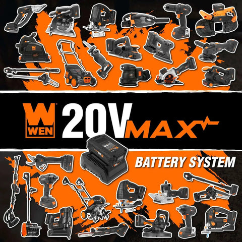Collage of various power tools with 20V Max battery system and charger by WEN brand on a black background