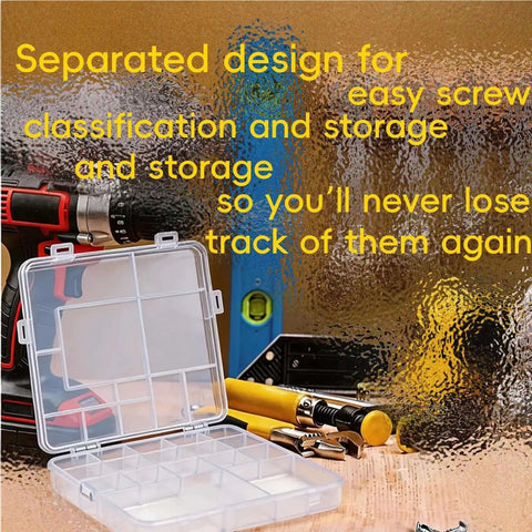 Transparent storage box for 625 Piece Self Tapping Screws Set With 14 Sizes M2 M3 M4, tools in the background