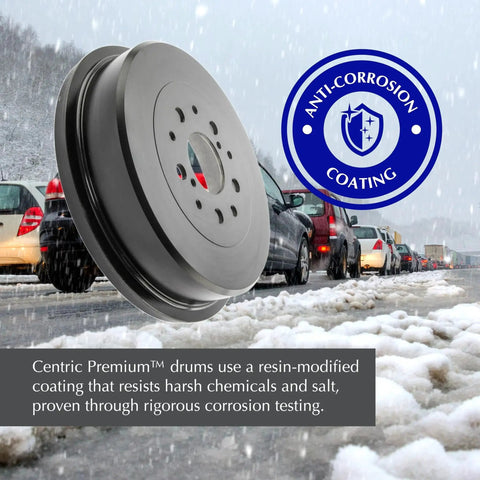 Centric Premium rear brake drum for Toyota, metallic silver finish with anti-corrosion coating emblem