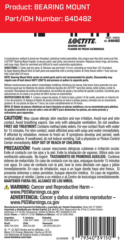 High Temperature Bearing Mount Stick 9 g Red Workhorse Bonding packaging back with instructions and warnings for non threaded metal assemblies