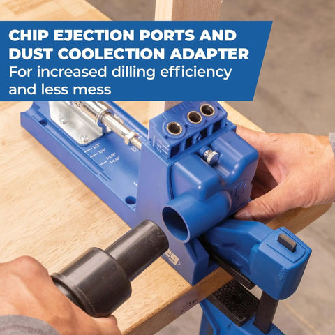 Pocket Hole Jig System With R3 Jig Drilling Guide And Dust Collection Pro Grade shown in use on woodworking material