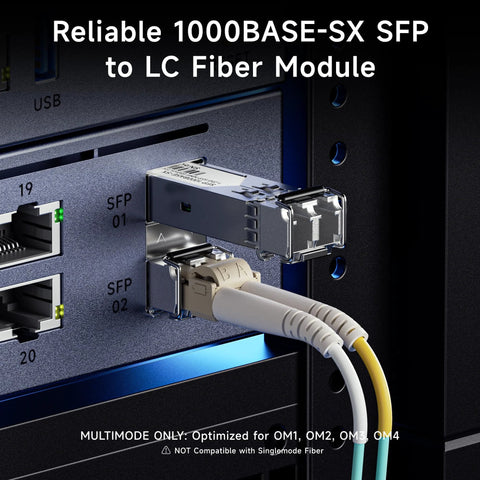 SFP 1000BASE-SX fiber transceiver installed in a network switch with LC multimode fiber cables