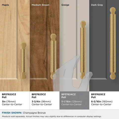 Balata 5 1/16 Inch Center To Center Champagne Bronze Cabinet Pull in various finishes on diverse cabinet colors.