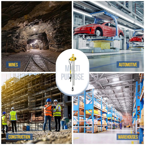 Collage showing applications of Half Ton Pneumatic Air Hoist With 20 Foot Lift And Pendant Throttle Control in mines, automotive, construction, and warehouses.